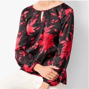 Talbots Black Red Floral Blouse Keyhole Long Sleeve Popover Blouse Top Sz Medium